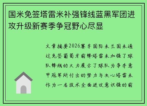 国米免签塔雷米补强锋线蓝黑军团进攻升级新赛季争冠野心尽显